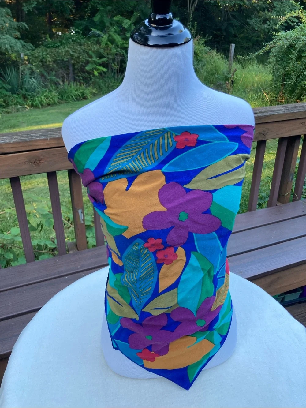 Vintage 80s 90s Large Square Silk Feel Tropical Floral Scarf 34” Colorful